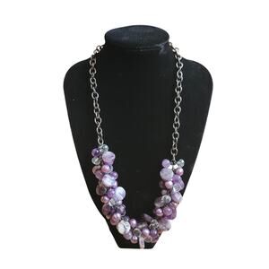 Purple Amethyst Bead Cluster Bib Necklace Silver Tone Statement 19” Lobster Y2K